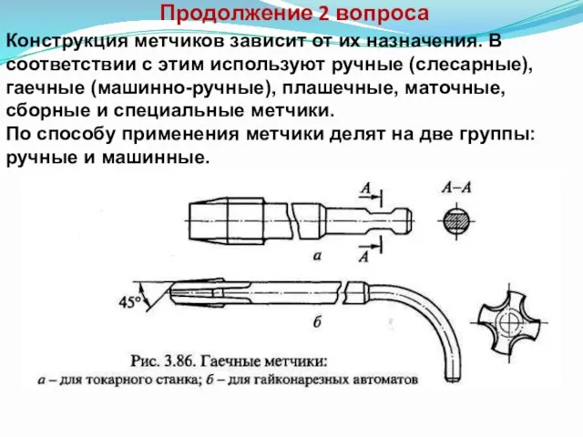 Продолжение 2 вопроса Конструкция метчиков зависит от их назначения. В