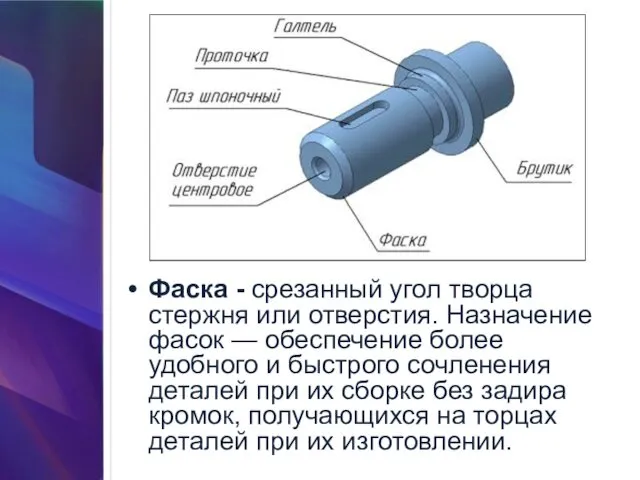 Фаска - срезанный угол творца стержня или отверстия. Назначение фасок