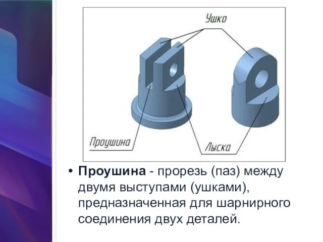 Проушина - прорезь (паз) между двумя выступами (ушками), предназначенная для шарнирного соединения двух деталей.