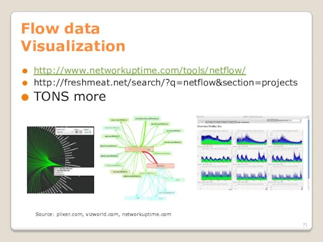 Flow data Visualization http://www.networkuptime.com/tools/netflow/ http://freshmeat.net/search/?q=netflow&section=projects TONS more Source: plixer.com, vizworld.com, networkuptime.com