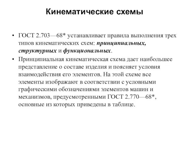 Кинематические схемы ГОСТ 2.703—68* устанавливает правила выполнения трех типов кинематических