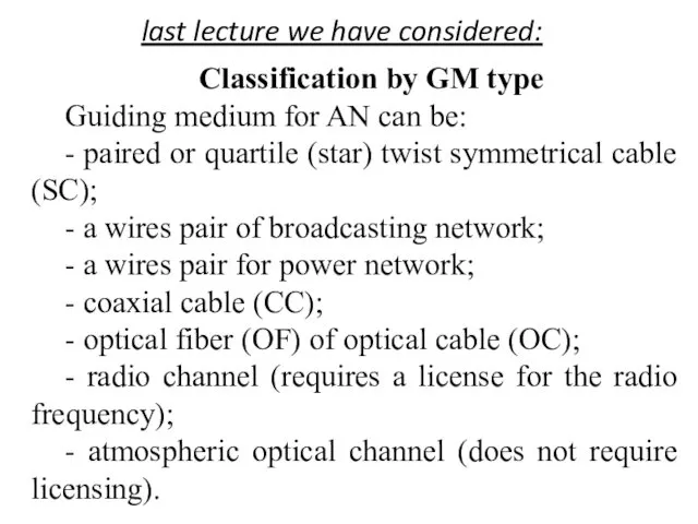 Classification by GM type Guiding medium for AN can be: