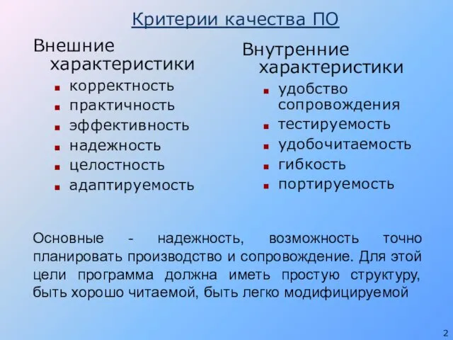 Критерии качества ПО Внешние характеристики корректность практичность эффективность надежность целостность