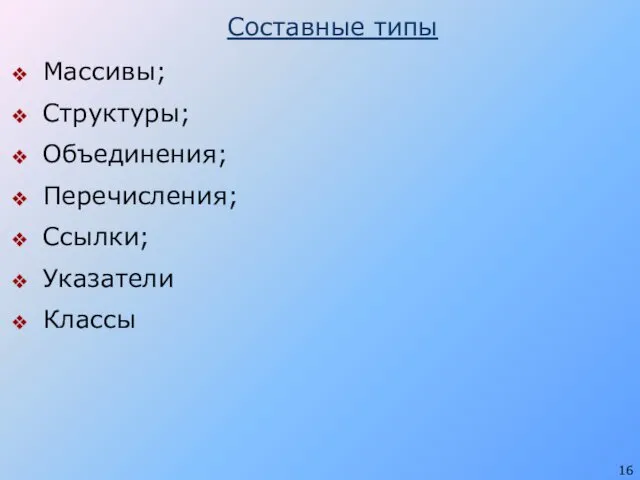 Составные типы Массивы; Структуры; Объединения; Перечисления; Ссылки; Указатели Классы