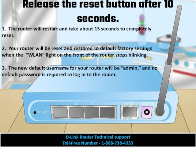 Release the reset button after 10 seconds. 1. The router