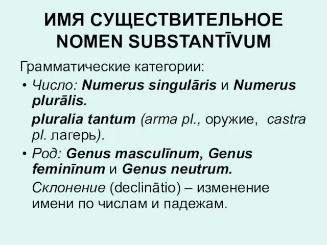 ИМЯ СУЩЕСТВИТЕЛЬНОЕ NOMEN SUBSTANTĪVUM Грамматические категории: Число: Numerus singulāris и Numerus plurālis. pluralia