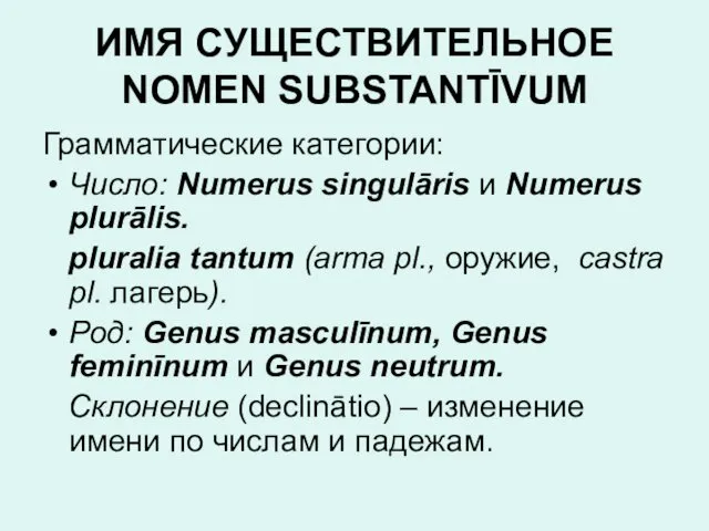 ИМЯ СУЩЕСТВИТЕЛЬНОЕ NOMEN SUBSTANTĪVUM Грамматические категории: Число: Numerus singulāris и