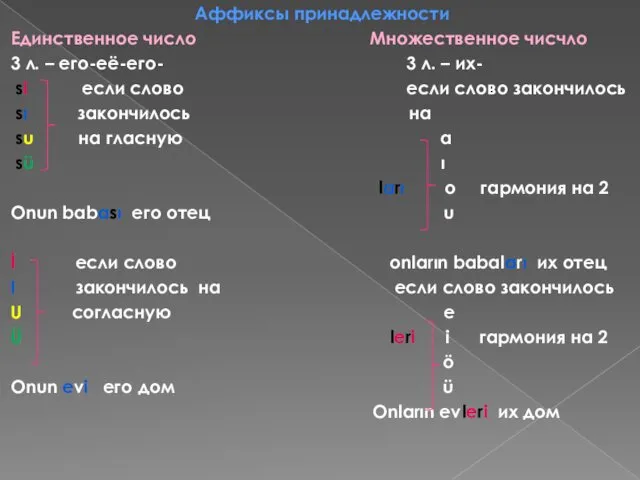 Аффиксы принадлежности Единственное число Множественное чисчло 3 л. – eго-её-его-