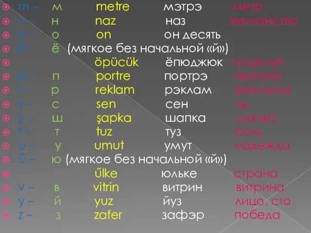 m – м metre мэтрэ метр n – н naz