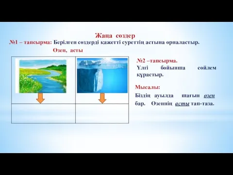 №1 – тапсырма: Берілген сөздерді қажетті суреттің астына орналастыр. Өзен,