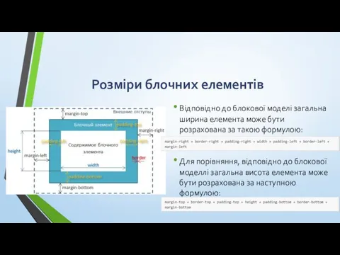 Розміри блочних елементів Відповідно до блокової моделі загальна ширина елемента