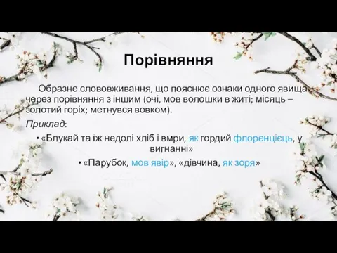 Порівняння Образне слововживання, що пояснює ознаки одного явища через порівняння