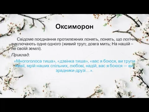 Оксиморон Свідоме поєднання протилежних понять, понять, що логічно виключають одне