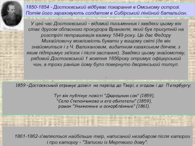 1850-1854 - Достоєвський відбуває покарання в Омському острозі. Потім його