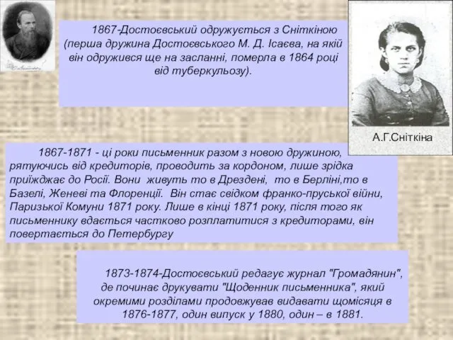 1867-Достоєвський одружується з Сніткіною (перша дружина Достоєвського М. Д. Ісаєва,