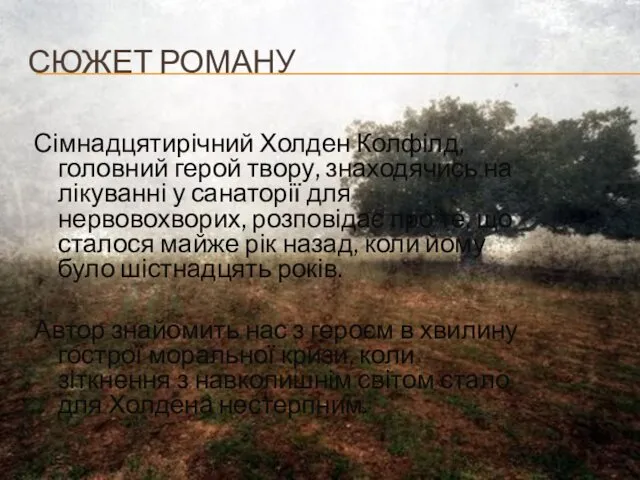 СЮЖЕТ РОМАНУ Сімнадцятирічний Холден Колфілд, головний герой твору, знаходячись на