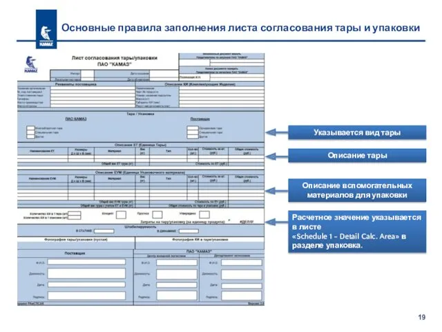 Основные правила заполнения листа согласования тары и упаковки Расчетное значение