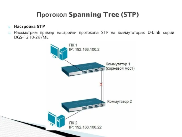 Настройка STP Рассмотрим пример настройки протокола STP на коммутаторах D-Link серии DGS-1210-28/ME Протокол Spanning Tree (STP)