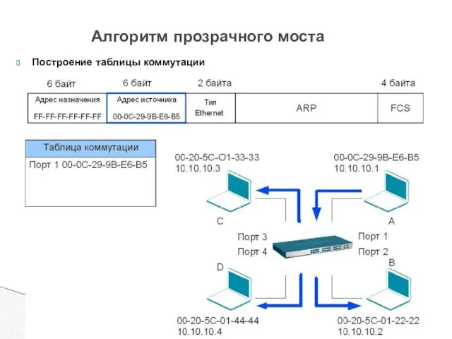 Построение таблицы коммутации Алгоритм прозрачного моста