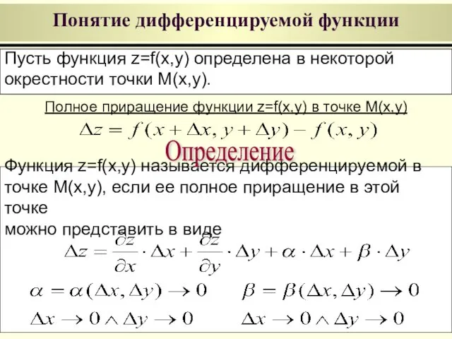 Понятие дифференцируемой функции Пусть функция z=f(x,y) определена в некоторой окрестности