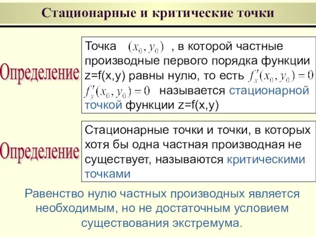 Стационарные и критические точки Определение Точка , в которой частные