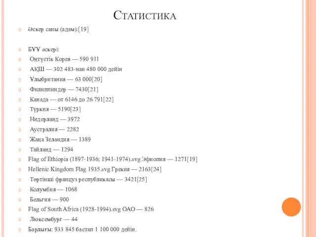 Статистика Әскер саны (адам):[19] БҰҰ әскері: Оңтүстік Корея — 590