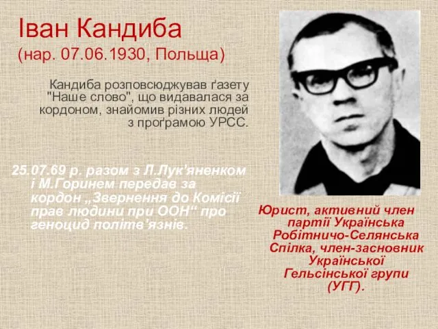 Іван Кандиба (нар. 07.06.1930, Польща) Кандиба розповсюджував ґазету "Наше слово",