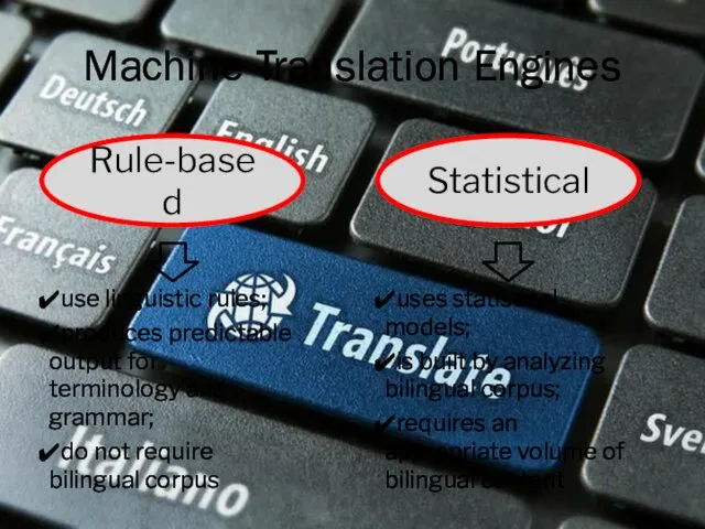 Machine Translation Engines use linguistic rules; produces predictable output for