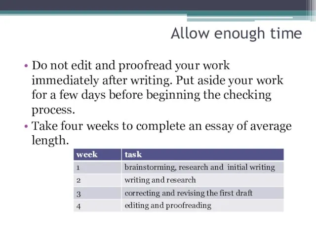 Allow enough time Do not edit and proofread your work