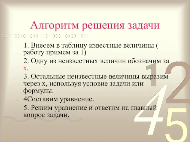 Алгоритм решения задачи 1. Внесем в таблицу известные величины (