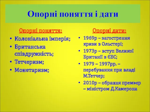 Опорні поняття і дати Опорні поняття: Колоніальна імперія; Британська співдружність;