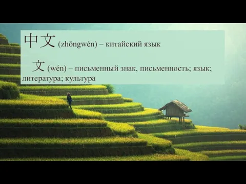 中文 (zhōngwén) – китайский язык 文 (wén) – письменный знак, письменность; язык; литература; культура