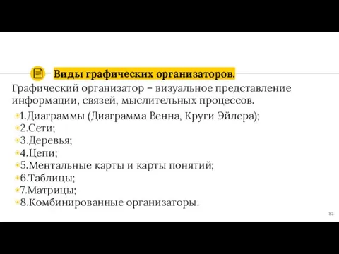 Виды графических организаторов. Графический организатор – визуальное представление информации, связей,