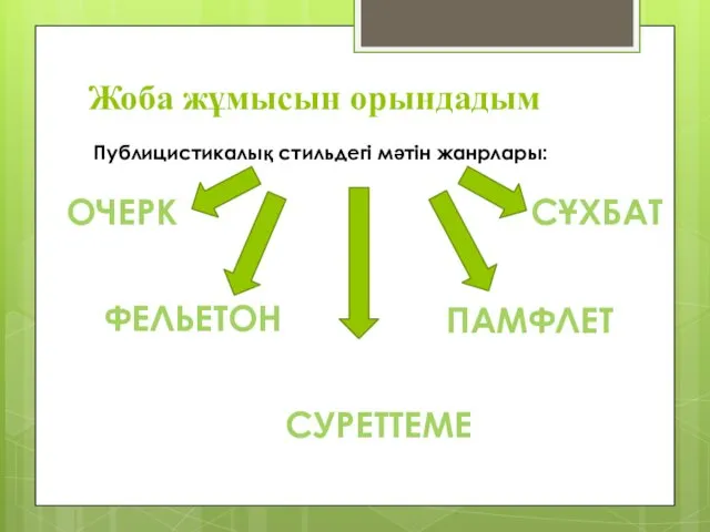 Жоба жұмысын орындадым Публицистикалық стильдегі мәтін жанрлары: ОЧЕРК СУРЕТТЕМЕ ФЕЛЬЕТОН ПАМФЛЕТ СҰХБАТ