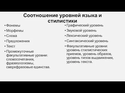 Соотношение уровней языка и стилистики Фонемы Морфемы Слова Предложения Текст