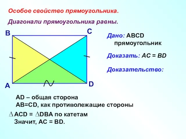 Особое свойство прямоугольника. Диагонали прямоугольника равны. А В С D