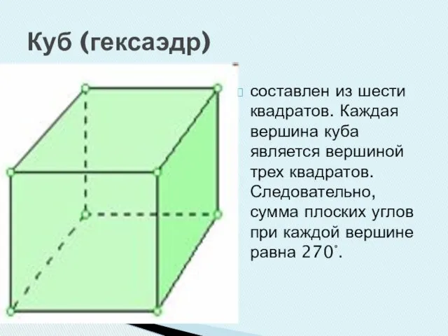 Куб (гексаэдр) составлен из шести квадратов. Каждая вершина куба является