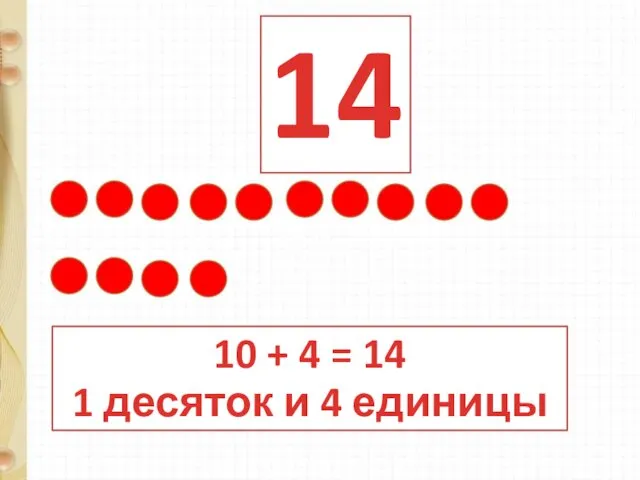 14 10 + 4 = 14 1 десяток и 4 единицы