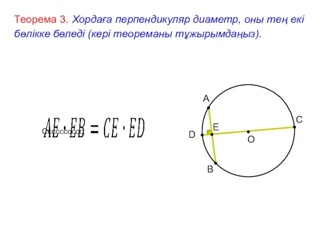 Теорема 3. Хордаға перпендикуляр диаметр, оны тең екі бөлікке бөледі (кері теореманы тұжырымдаңыз). Сссссссссс