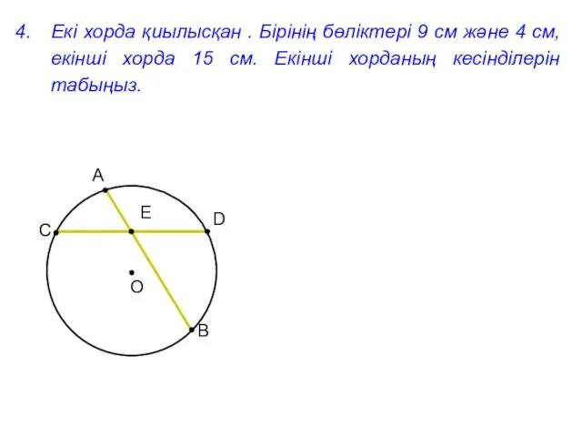 Екі хорда қиылысқан . Бірінің бөліктері 9 см және 4 см, екінші хорда