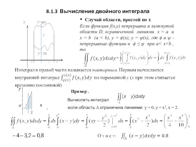 8.1.3 Вычисление двойного интеграла • Случай области, простой по x Если функция f(x,y)