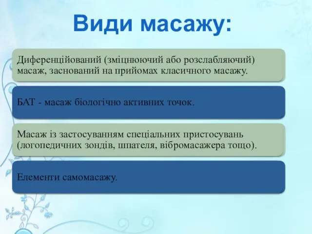 Диференційований (зміцнюючий або розслабляючий) масаж, заснований на прийомах класичного масажу.