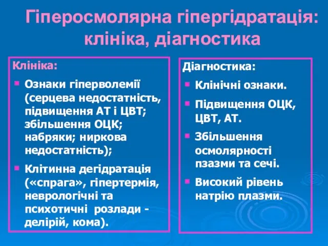 Гіперосмолярна гіпергідратація: клініка, діагностика Клініка: Ознаки гіперволемії (серцева недостатність, підвищення