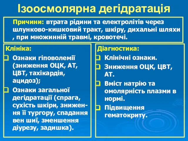 Ізоосмолярна дегідратація Клініка: Ознаки гіповолемії (зниження ОЦК, АТ, ЦВТ, тахікардія,