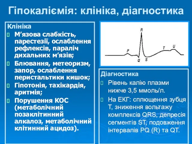 Гіпокаліємія: клініка, діагностика Клініка М’язова слабкість, парестезії, ослаблення рефлексів, параліч