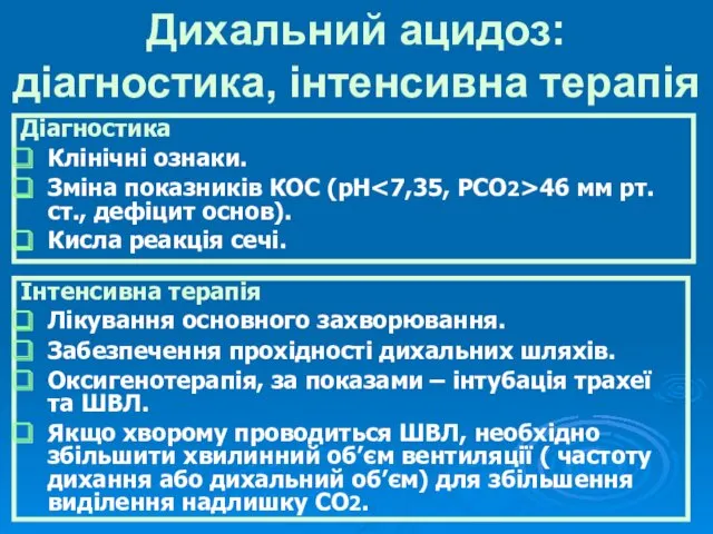 Дихальний ацидоз: діагностика, інтенсивна терапія Діагностика Клінічні ознаки. Зміна показників