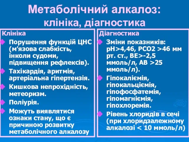 Метаболічний алкалоз: клініка, діагностика Клініка Порушення функцій ЦНС (м’язова слабкість,