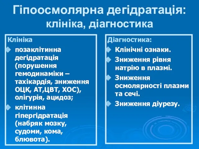 Гіпоосмолярна дегідратація: клініка, діагностика Клініка позаклітинна дегідратація (порушення гемодинаміки –тахікардія,