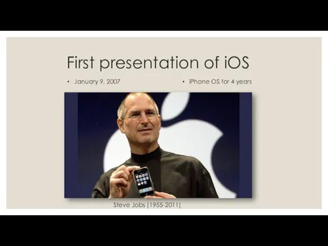 First presentation of iOS January 9, 2007 iPhone OS for 4 years Steve Jobs (1955-2011)