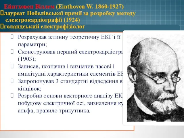 Ейнтховен Віллем (Einthoven W. 1860-1927) лауреат Нобелівської премії за розробку методу електрокардіографії (1924)